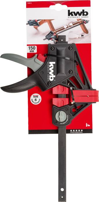 Eine Einhandzwinge der Marke kwb mit einer Spannweite von 150 mm, abgebildet auf der Verpackung. Geeignet für präzises Klemmen und Fixieren.