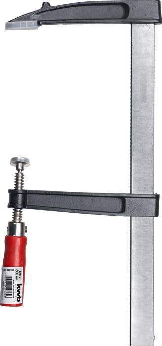 Schraubzwinge mit rotem Griff und Metallbalken, zum Fixieren von Werkstücken in der Holzbearbeitung oder beim Basteln geeignet.