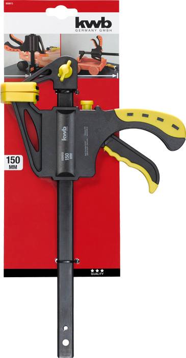 Klemmschraube, 150 mm, schwarzer Körper mit gelbem Griff, auf roter Verpackung von KWB Werkzeuge.
