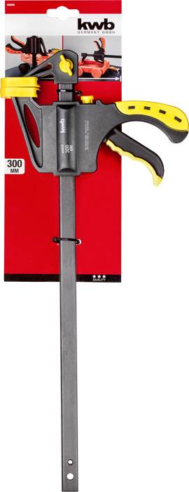 Klemmschraubzwinge auf roter Verpackung mit schwarzem Griff und gelbem Hebel, geeignet für Arbeiten bis 300 mm.