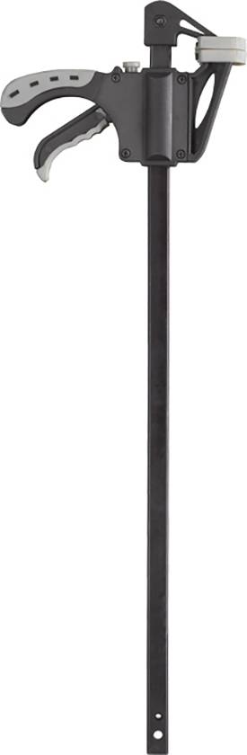 Eine schwarze Einhandzwinge mit Kunststoffgriff und Metallschiene, ideal zum Klemmen von Werkstücken in der Holzbearbeitung.