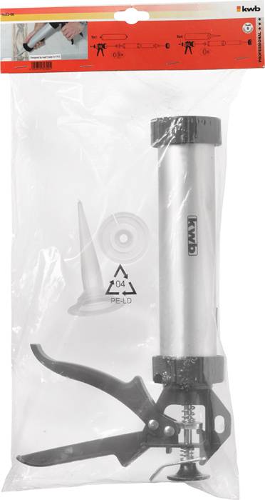 Dichtpistole in Kunststoffverpackung mit schwarzem Griff und silbernem Zylinder. Enthält Düse und Verpackungsdesign im Hintergrund.