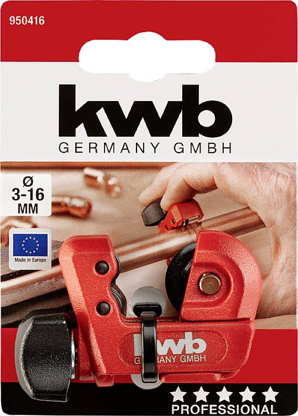 Rotes Rohrschneidewerkzeug der Marke KWB für Durchmesser 3-16 mm, auf Verpackung mit Produktabbildung und EU-Herkunftshinweis.