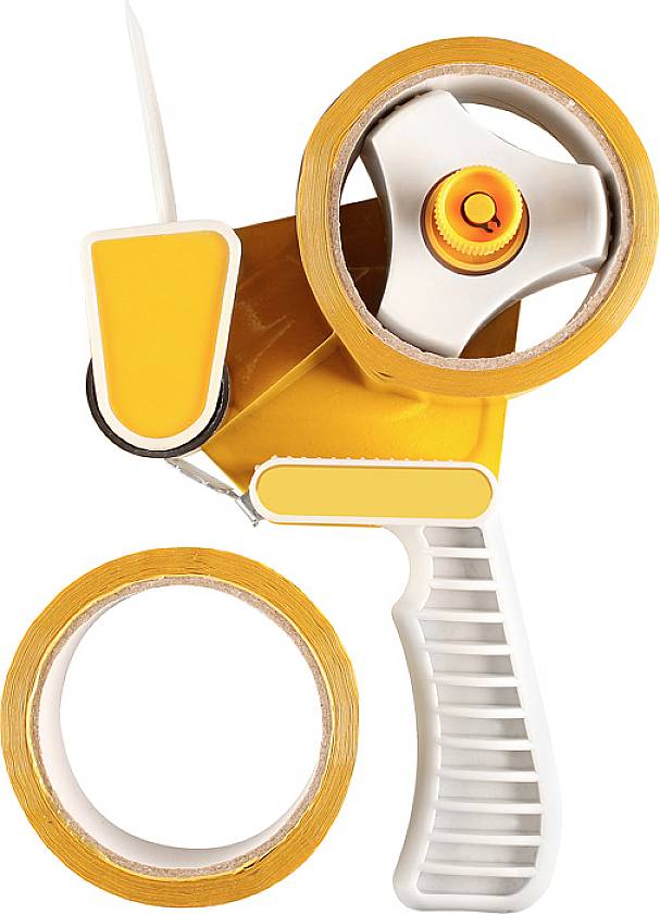 Ein gelber Handabroller mit Klebeband und ergonomischem Griff, bereit zum Verpacken oder Versiegeln von Kartons.