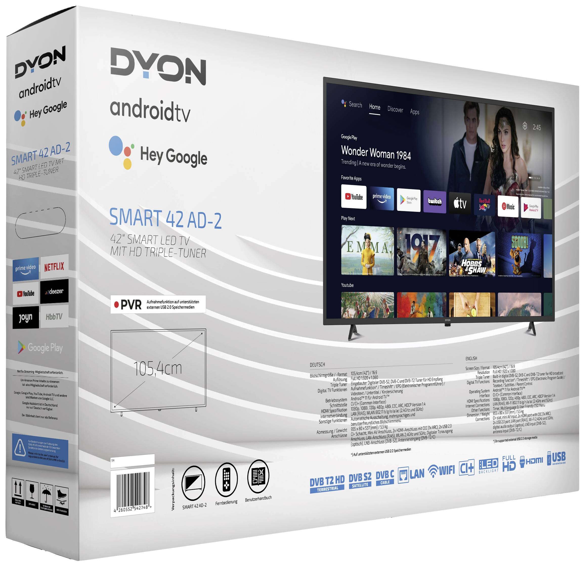 Dyon Smart 42 AD-2 LED-TV 105 cm 42 Zoll EEK G (A - G) DVB-T2, DVB-C, DVB-S2, Full HD, Smart TV, WLAN, CI+ Schwarz