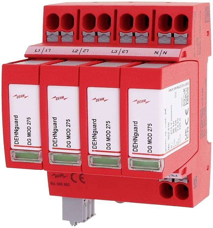 Roter Überspannungsschutz mit vier Modulen, beschriftet mit 'DEHNgard DG MOD 275', zum Schutz elektrischer Anlagen.