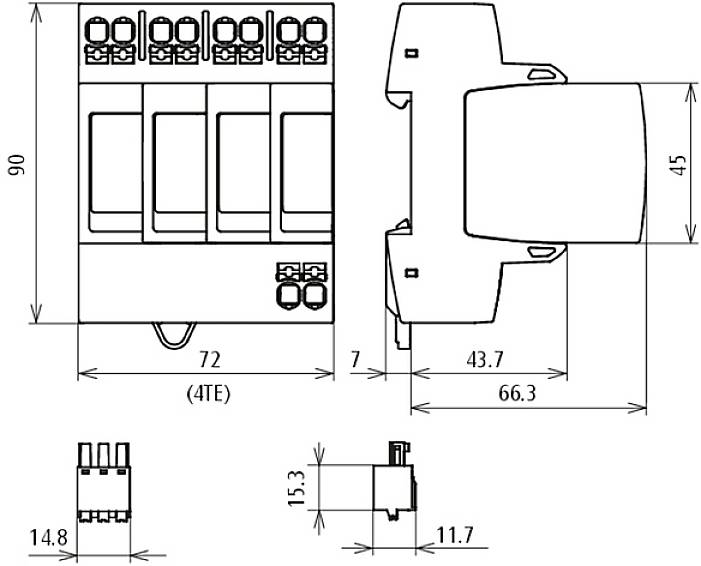 Technische Zeichnung eines elektrischen Schalters mit Abmessungen: Breite 72 mm, Höhe 90 mm, Tiefe 66,3 mm. Beinhaltet drei Einheiten.