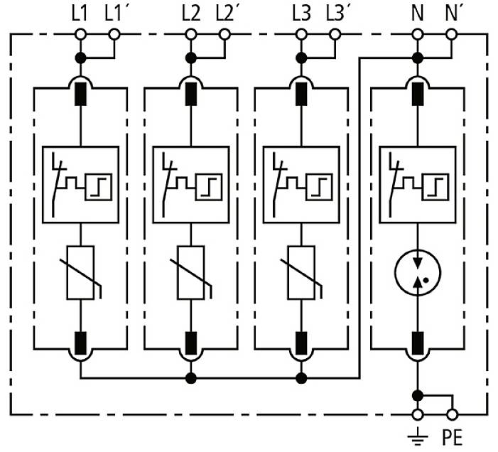 Schaltplan eines dreiphasigen Schutzschalters mit vier Schaltkreisen, gekennzeichnet als L1, L2, L3 und N, sowie PE-Anschluss.