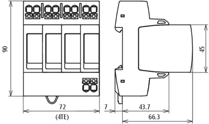 Schaltplan für ein elektrisches Gerät, 90 mm hoch, 72 mm breit, mit 4 Einheiten (4TE). Zeigt Vorder- und Seitenansicht mit Maßen.