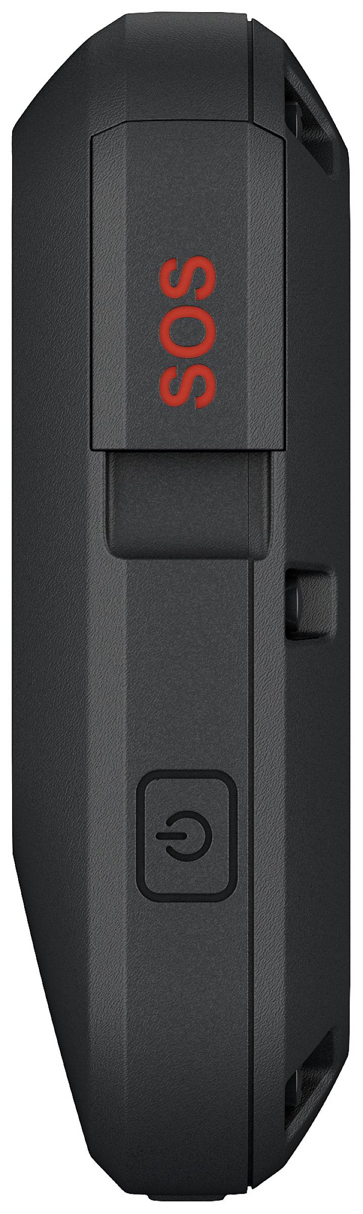 Schwarzes elektronisches Gerät mit einem roten 'SOS'-Knopf und einem Netzschalter auf der Seite.