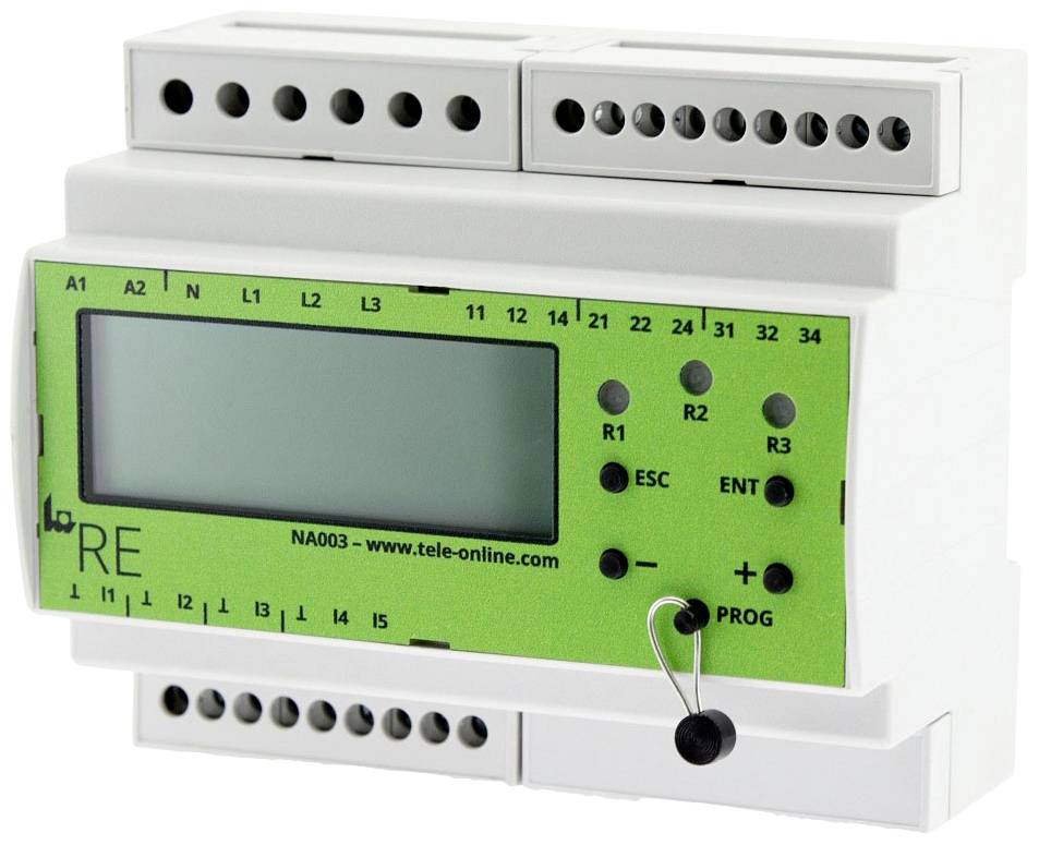 Ein digitales Steuergerät auf einer Hutschiene mit einem Display und mehreren Anschlussklemmen oben und unten.