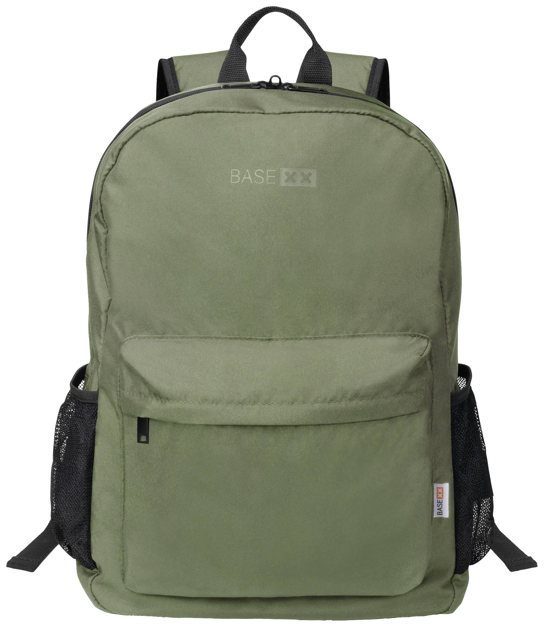 Grüner Rucksack mit mehreren Fächern und Netz-Seitentaschen, geeignet für Freizeitaktivitäten.