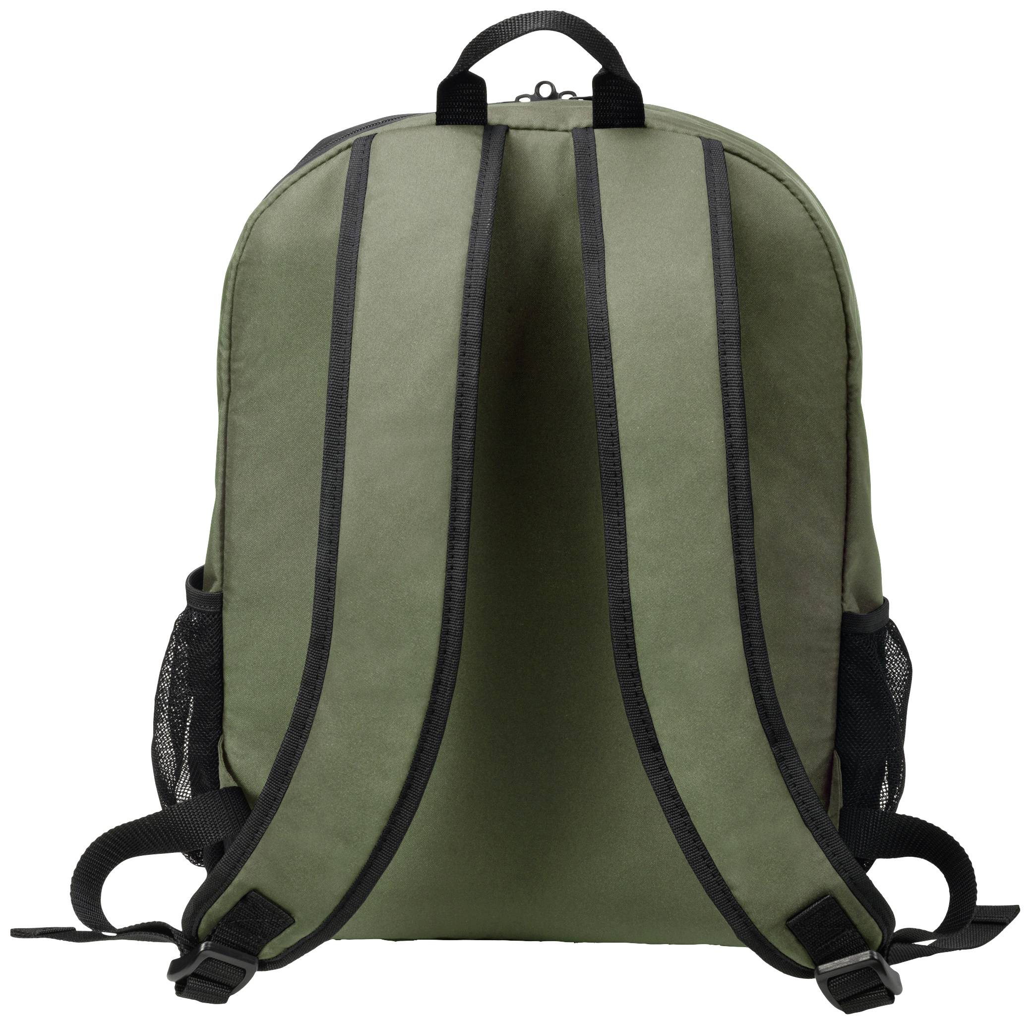 Ein olivgrüner Rucksack mit zwei schwarzen Schulterriemen und seitlichen Netztaschen, von hinten betrachtet.