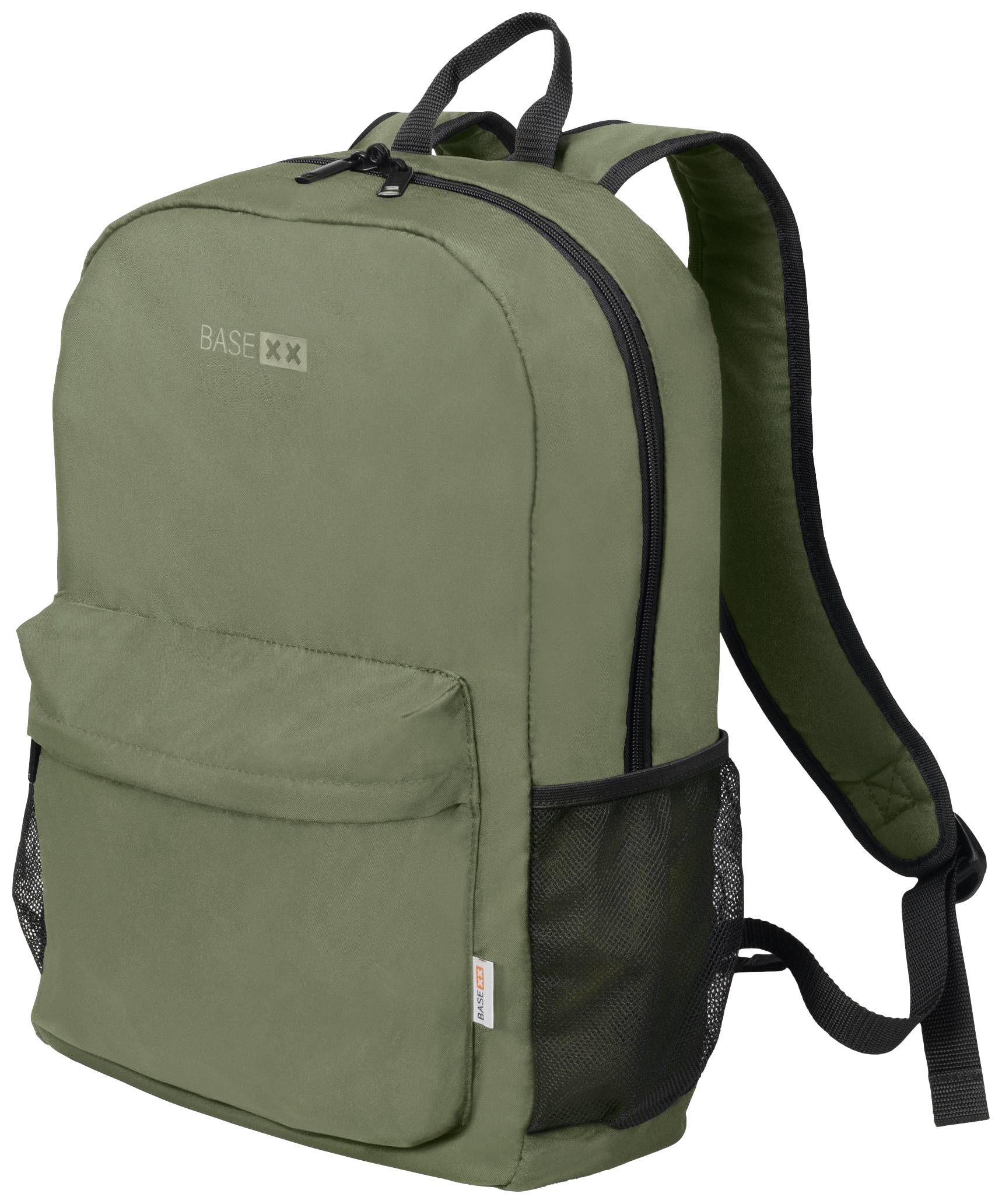 Ein olivgrüner Rucksack mit zwei Reißverschlussfächern, Netzseitentaschen und dezentem Logo. Ideal für Schule oder Alltag.