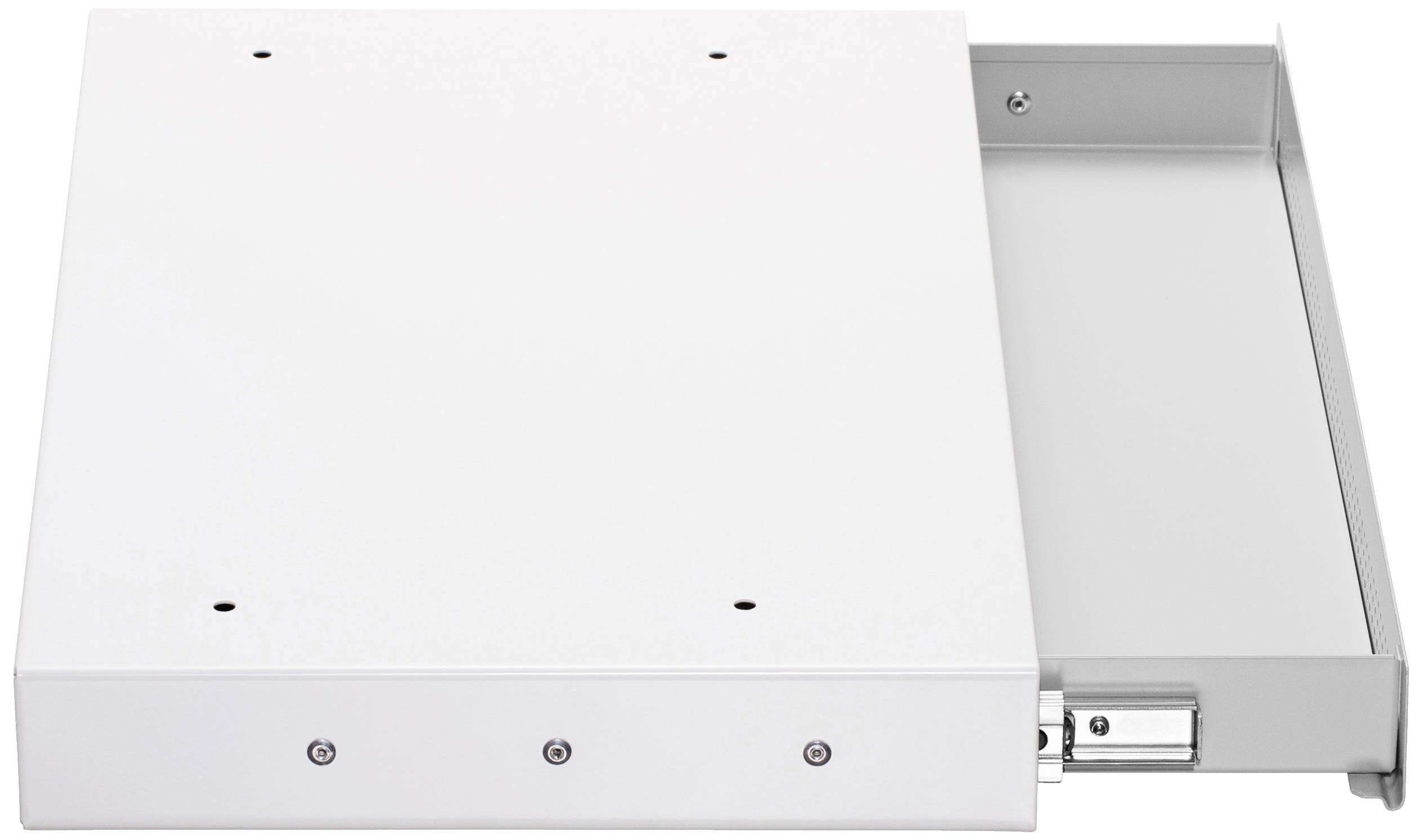 Metallschublade in einem Gehäuse, teilweise geöffnet. Ideal zur Aufbewahrung von Dokumenten oder kleinen Gegenständen auf einem Schreibtisch.