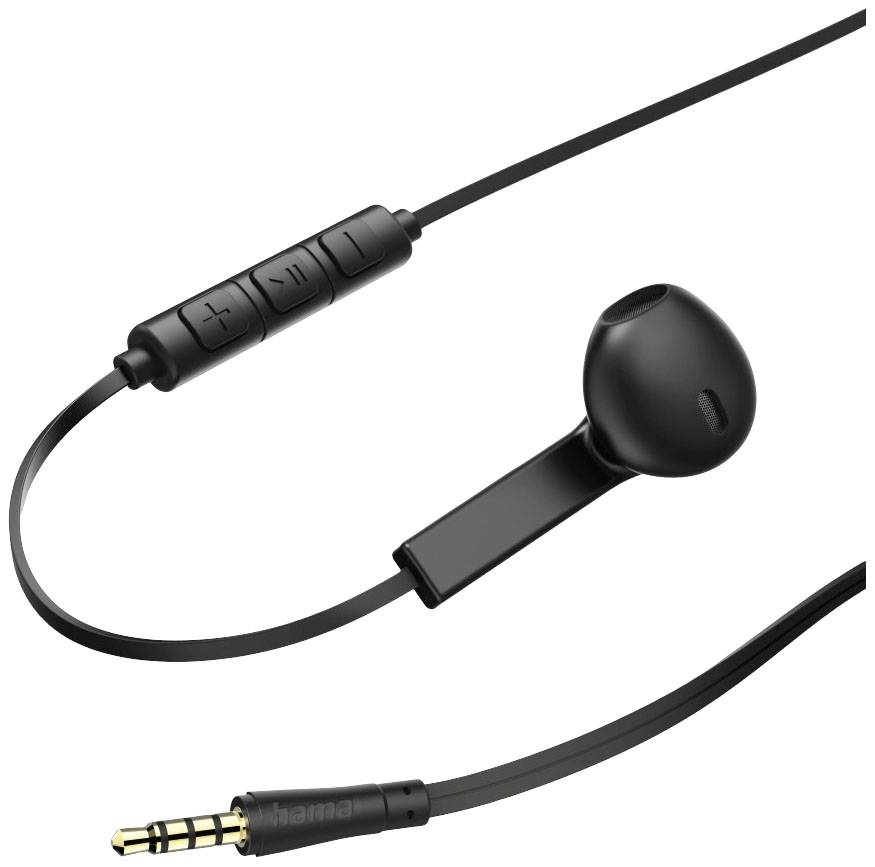 Schwarze In-Ear-Kopfhörer mit Drei-Tasten-Fernbedienung und 3,5-mm-Klinkenstecker. Markiert mit 