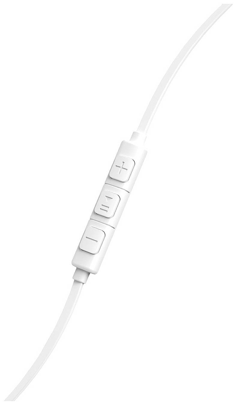 Weiße In-Line-Fernbedienung mit drei Tasten: Lauter- und Leiser-Tasten mit Plus- und Minus-Symbolen sowie einer Play/Pause-Taste.