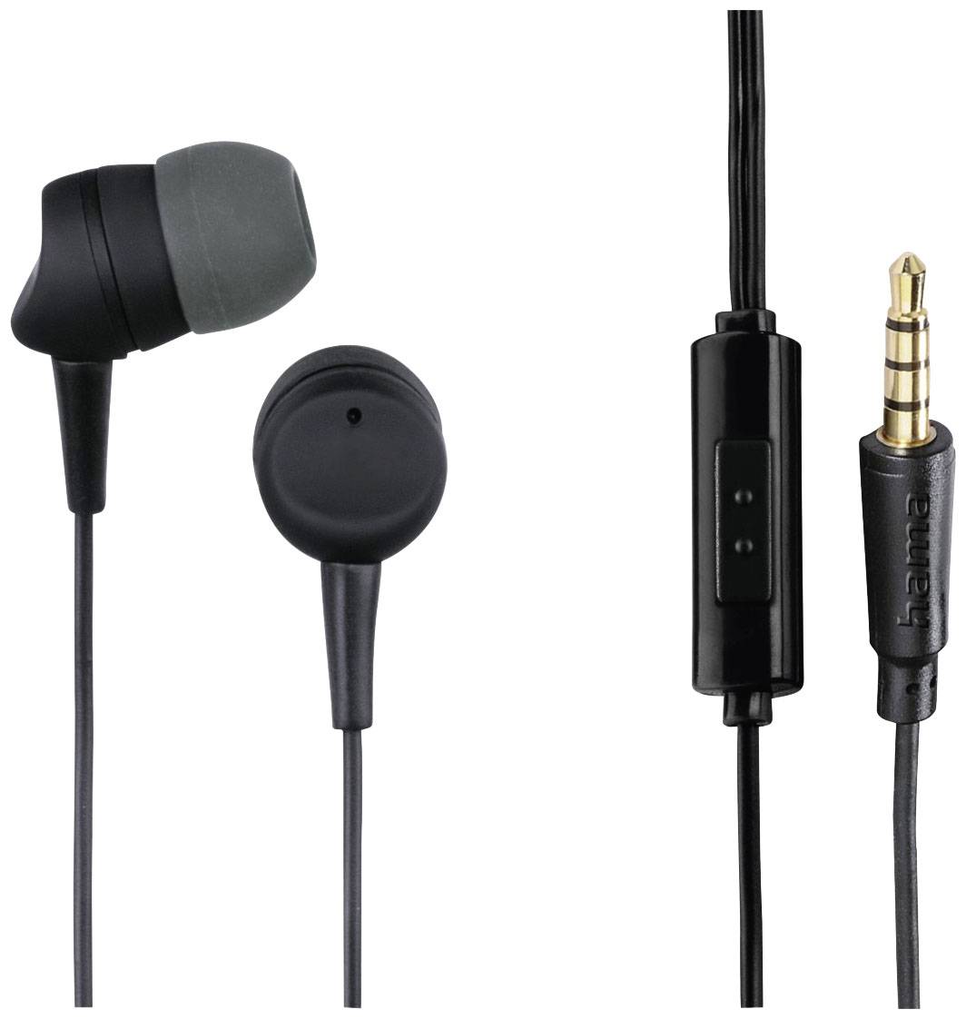 Schwarze In-Ear-Kopfhörer mit Kabel, Mikrofon und 3,5 mm Klinkenstecker. Ideal für Musik und Anrufe.