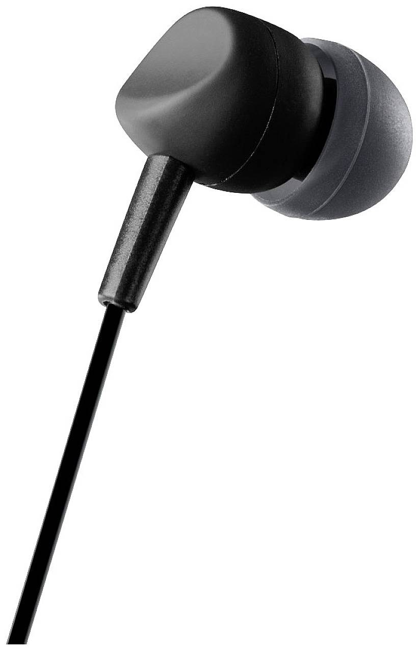 Ein schwarzer In-Ear-Kopfhörer mit grauer Ohrstöpselspitze und schwarzem Kabel auf weißem Hintergrund.