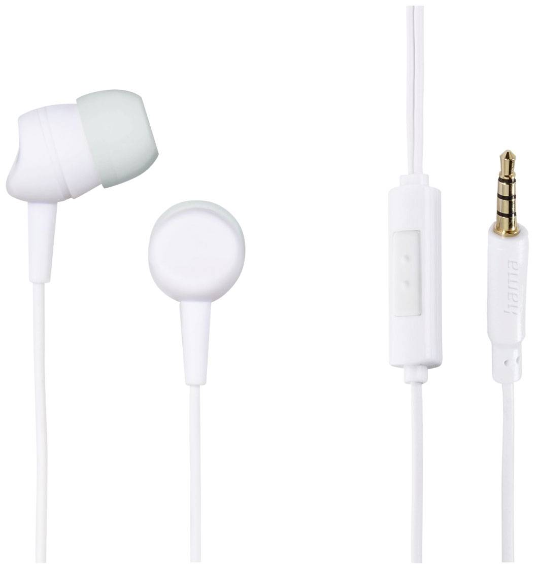 Weiße In-Ear-Kopfhörer mit Kabel, eingebautem Mikrofon und 3,5 mm Klinkenstecker, geeignet für mobile Geräte.