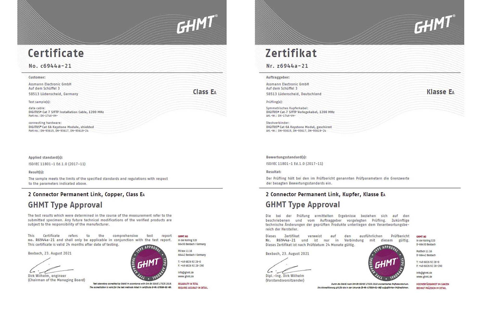 Zwei Zertifikate der GHMT AG, jeweils für die 'Klasse E', für 'Permanent Link, Kupfer'. Beide gültig bis August 2025.