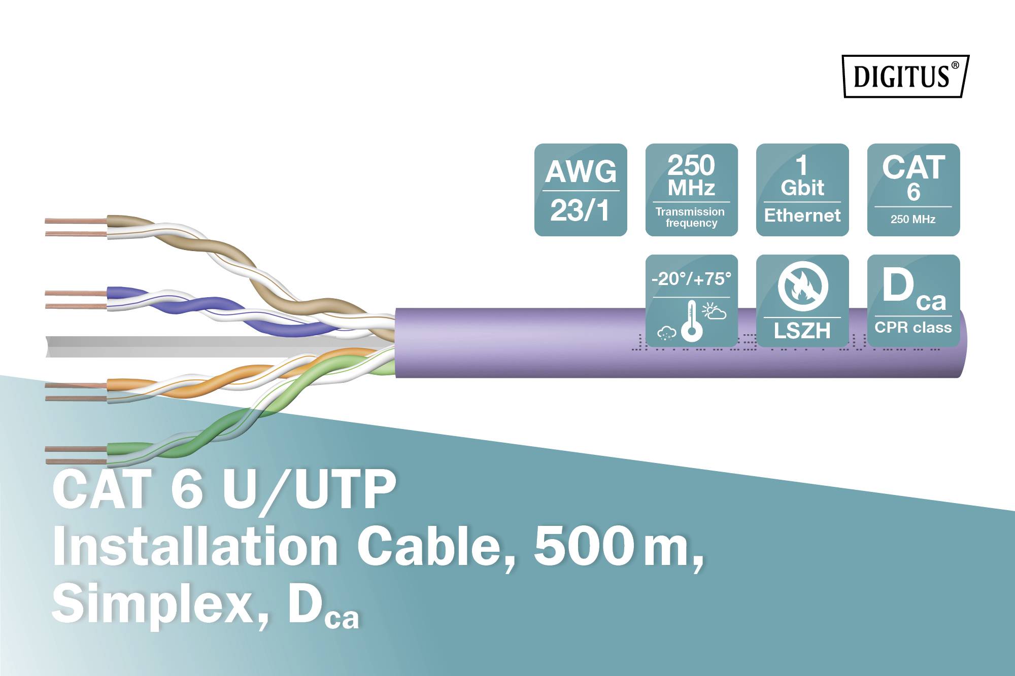 CAT 6 U/UTP Installationskabel, 500 m, Simplex, Dca. Details: AWG 23/1, 250 MHz, 1 Gbit Ethernet, CAT 6, LSZH, CPR Dca, Temperaturbereich -20°/+75°.