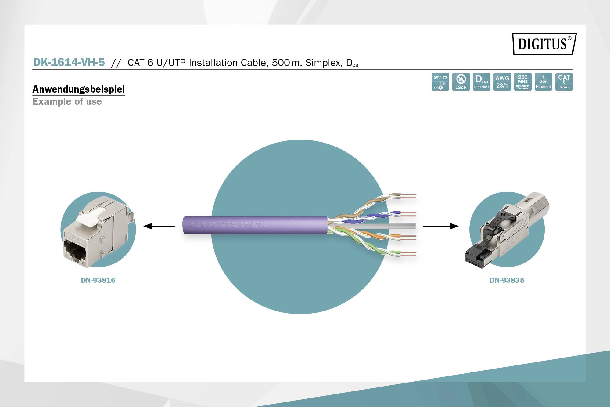 Anwendungsbeispiel eines CAT 6 U/UTP Installationskabels, 500m, mit Steckverbindungen DN-93816 und DN-93835.