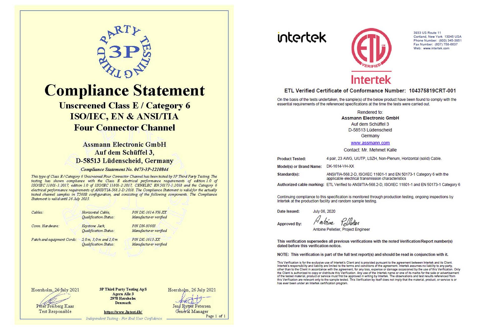 'Compliance Statement' und 'ETL Verified Certificate' mit Unternehmensinformationen, Standardspezifikationen und Prüfungsdaten.