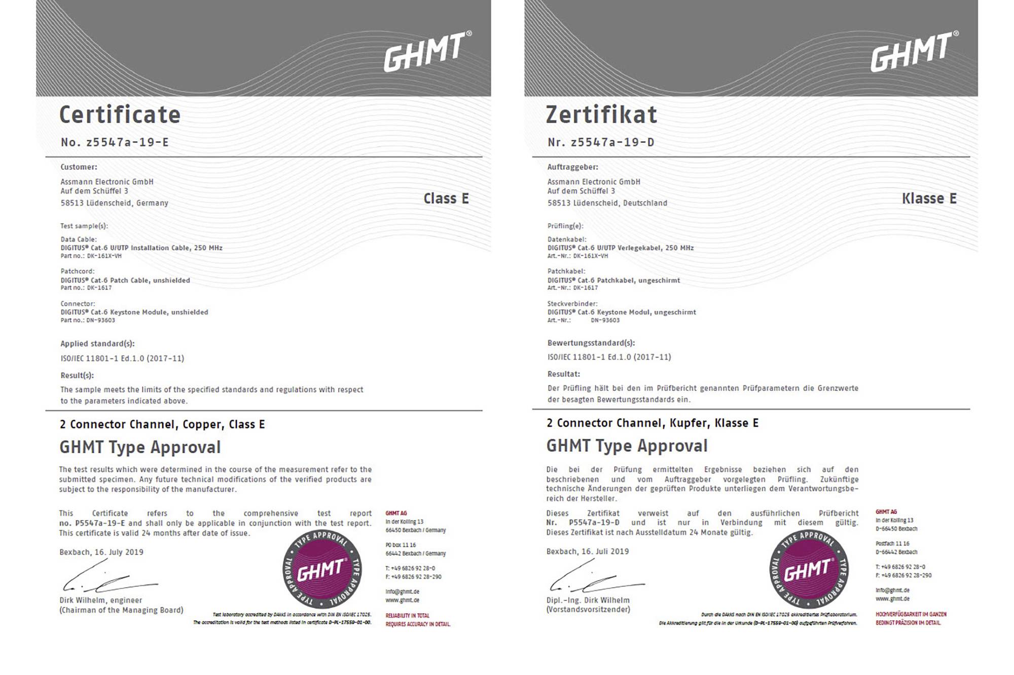Zertifikat Nr. Z5547a-19-E und Z5547a-19-D für Typzulassung von Steckverbindern aus Kupfer, Klasse E, ausgestellt von GHMT.
