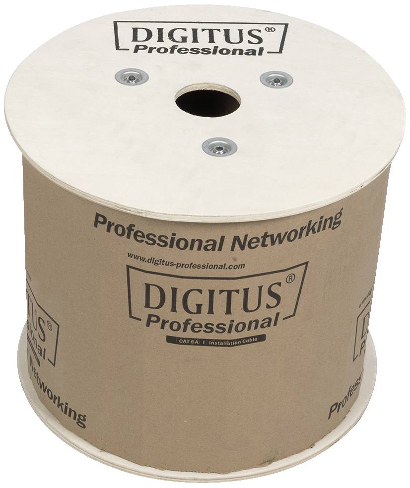 Rolle mit 'DIGITUS Professional'-Aufdruck, verwendet für professionelles Networking-Kabel, Papierummantelung mit Holzdeckeln.