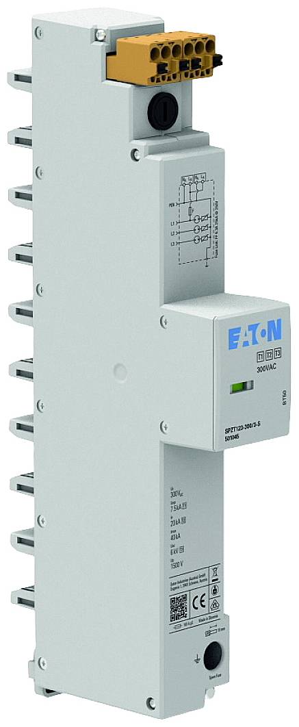 Das Bild zeigt einen weißen elektrischen Geräteschutzschalter der Marke 'Eaton' für 300VAC mit mehreren Anschlüssen und einem Diagramm.