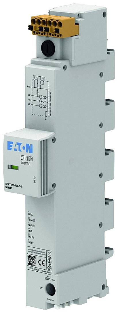 Ein hellgrauer Überspannungsschutzgerät von EATON für 300V AC, vertikal angeordnet, mit mehreren Anschlüssen und einem Diagramm an der Seite.