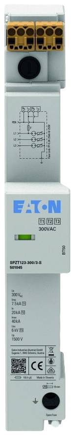 Ein Eaton Schutzmodul für 230V AC mit Zeichnung des Verdrahtungsplans auf der Vorderseite, CE-Zertifizierung und technische Angaben.