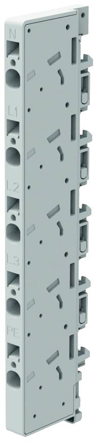Grau modulare Anschlusseinheit mit fünf Steckdosen für elektrische Leitungen: N, L1, L2, L3 und PE, vertikal angeordnet.