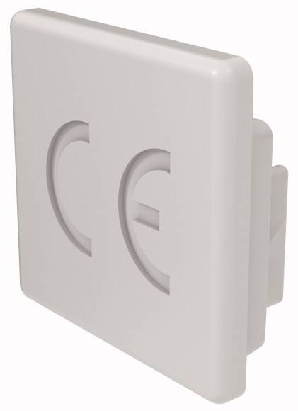 Ein grauer Schalter mit einem stilisierten 'CE'-Symbol eingraviert. Das Symbol steht für Konformität mit europäischen Sicherheitsstandards.