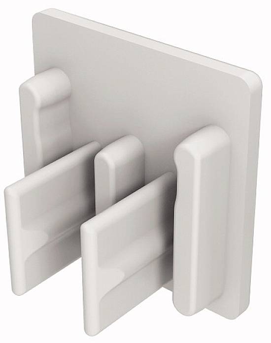 Ein weißer Plastikorganizator mit vier vertikalen Fächern zur Aufbewahrung von Dokumenten oder Geräten.