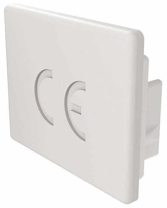 Ein rechteckiger Adapter mit dem 'CE'-Zeichen auf der Vorderseite, das die Konformität mit europäischen Sicherheitsstandards anzeigt.