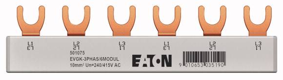 Ein Sammelschienenverbinder von Eaton mit sechs orangefarbenen, U-förmigen Anschlussklemmen, beschriftet mit L1, L2, L3. Geeignet für 3-Phasen-Systeme bis 415V AC.