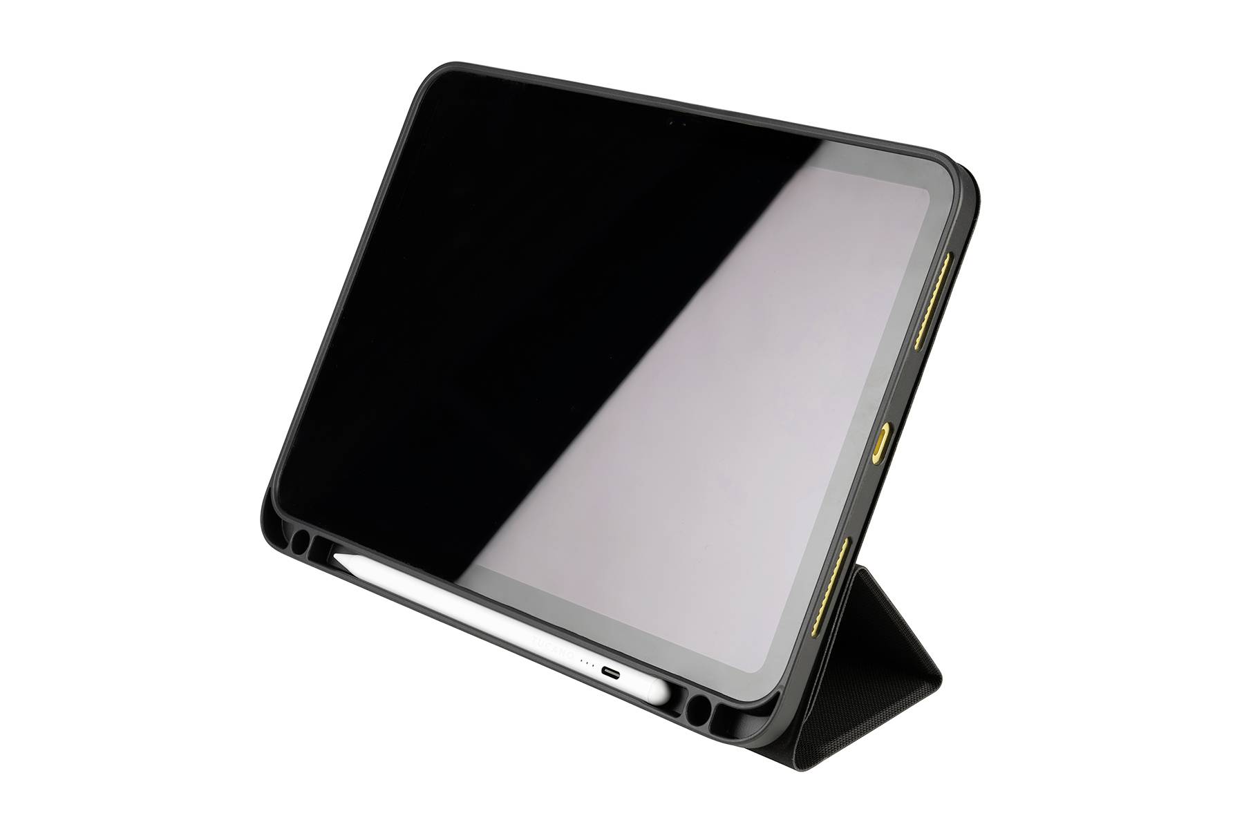 Ein Tablet in einer schwarzen Hülle steht leicht angewinkelt auf einem Ständer. Eine digitale Stiftablage befindet sich darunter.