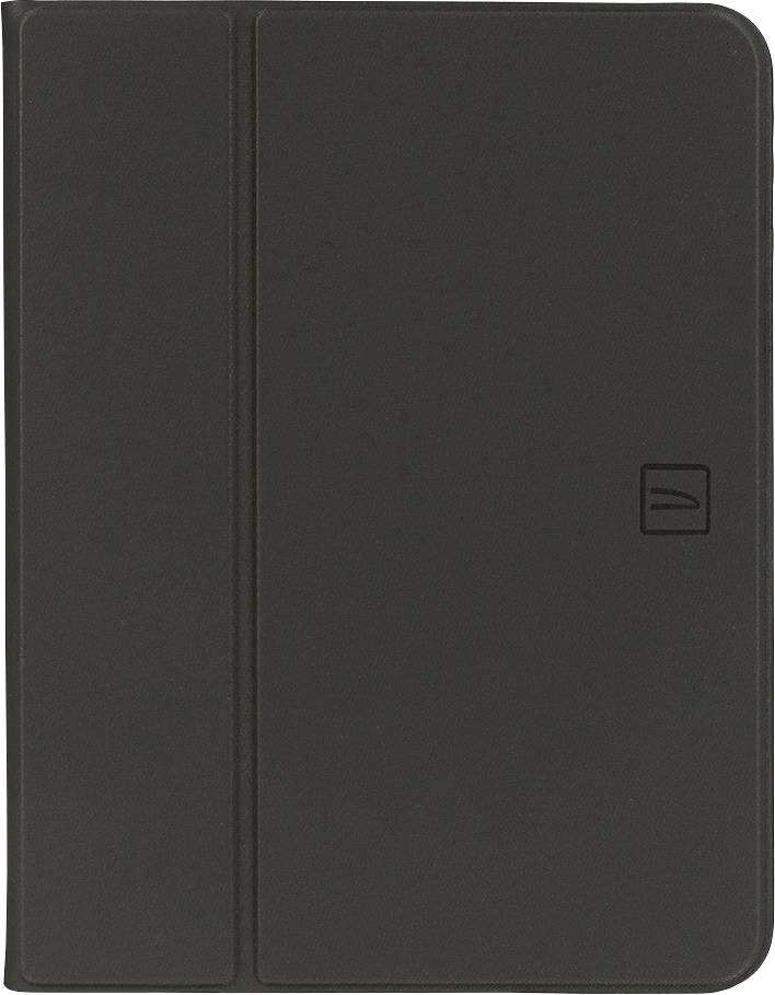 Schwarze Hülle für ein Tablet oder Buch, mit schlichtem Design und leicht sichtbarem Symbol auf der Vorderseite.