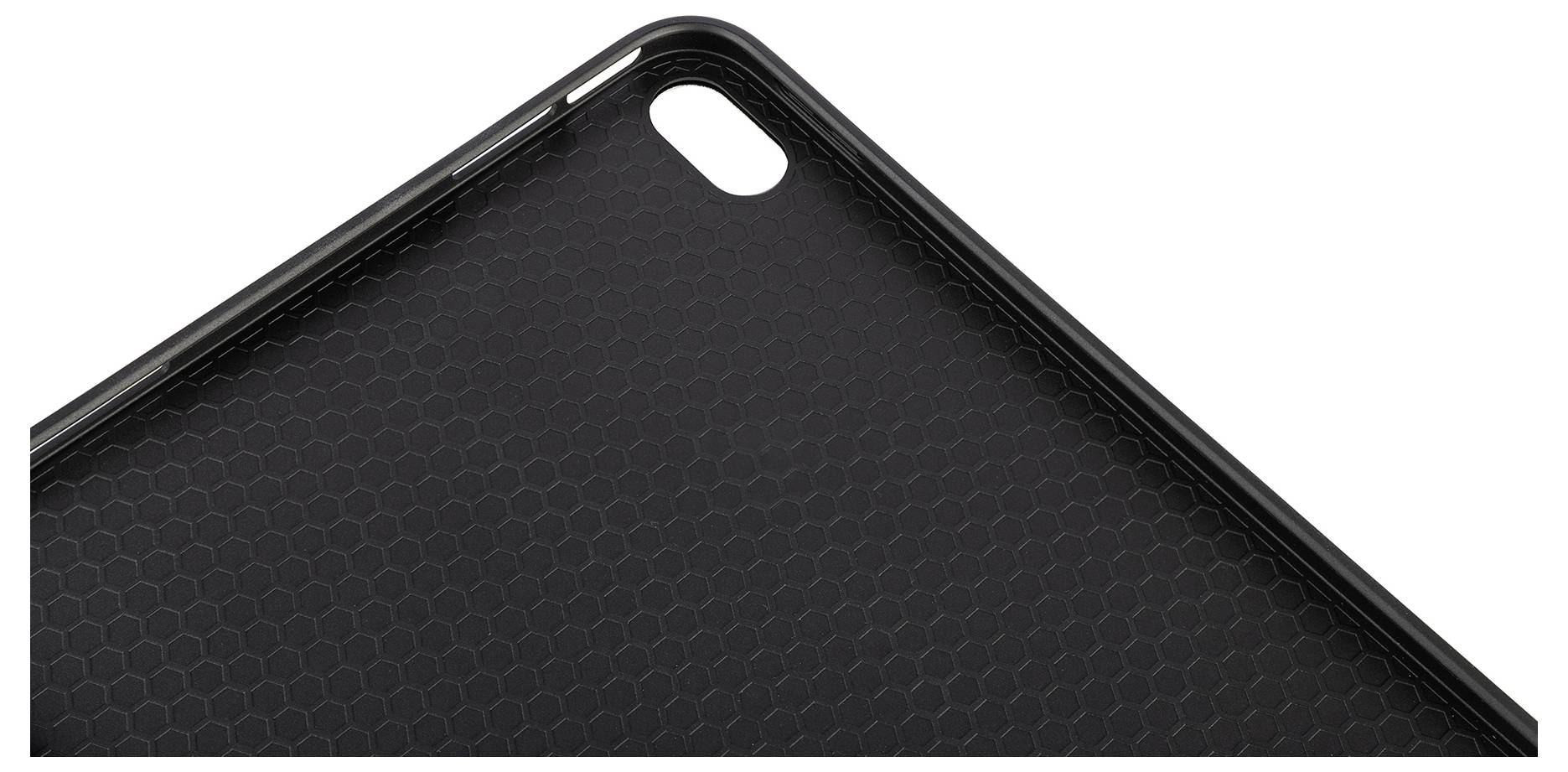 Eine schwarze, sechseckig gemusterte Tablet-Hülle mit Aussparung für die Kameraecke.