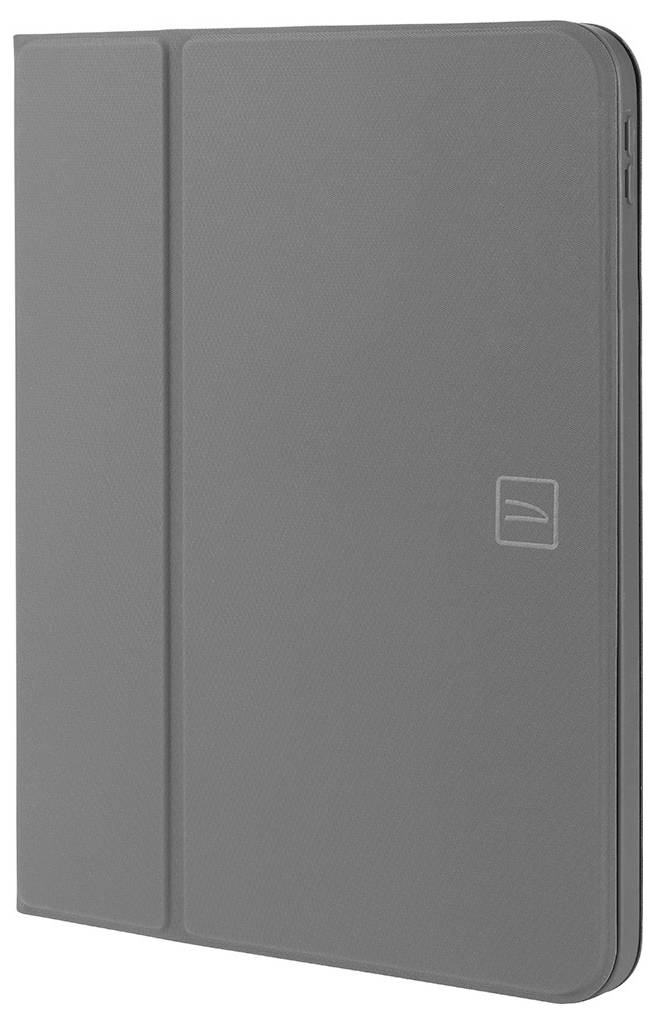 Grauer Tablet-Foliohülle mit Vorderdeckel und abgerundeten Ecken, geschlossen auf weißem Hintergrund abgebildet.