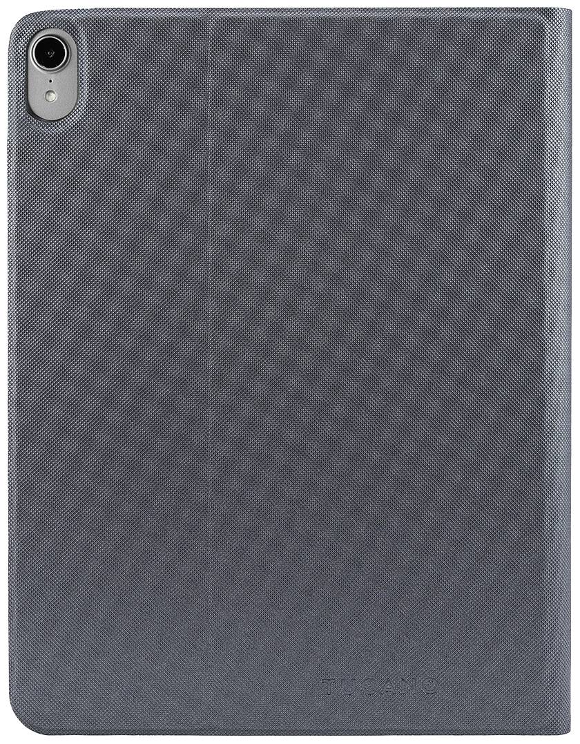 Graue Tablet-Hülle mit strukturierter Oberfläche, Kameraaussparung oben links. Schützt das Gerät und verleiht ihm ein elegantes Aussehen.