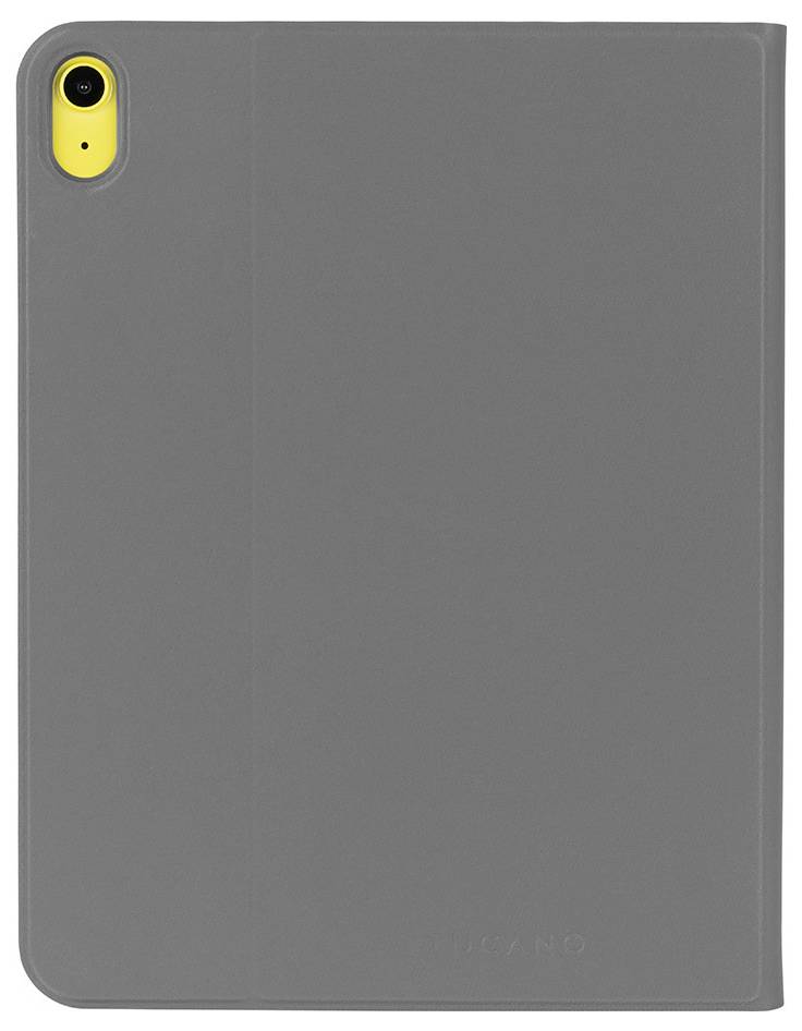 Graue Tablet-Foliohülle mit gelbem Kameraausschnitt in der oberen linken Ecke.