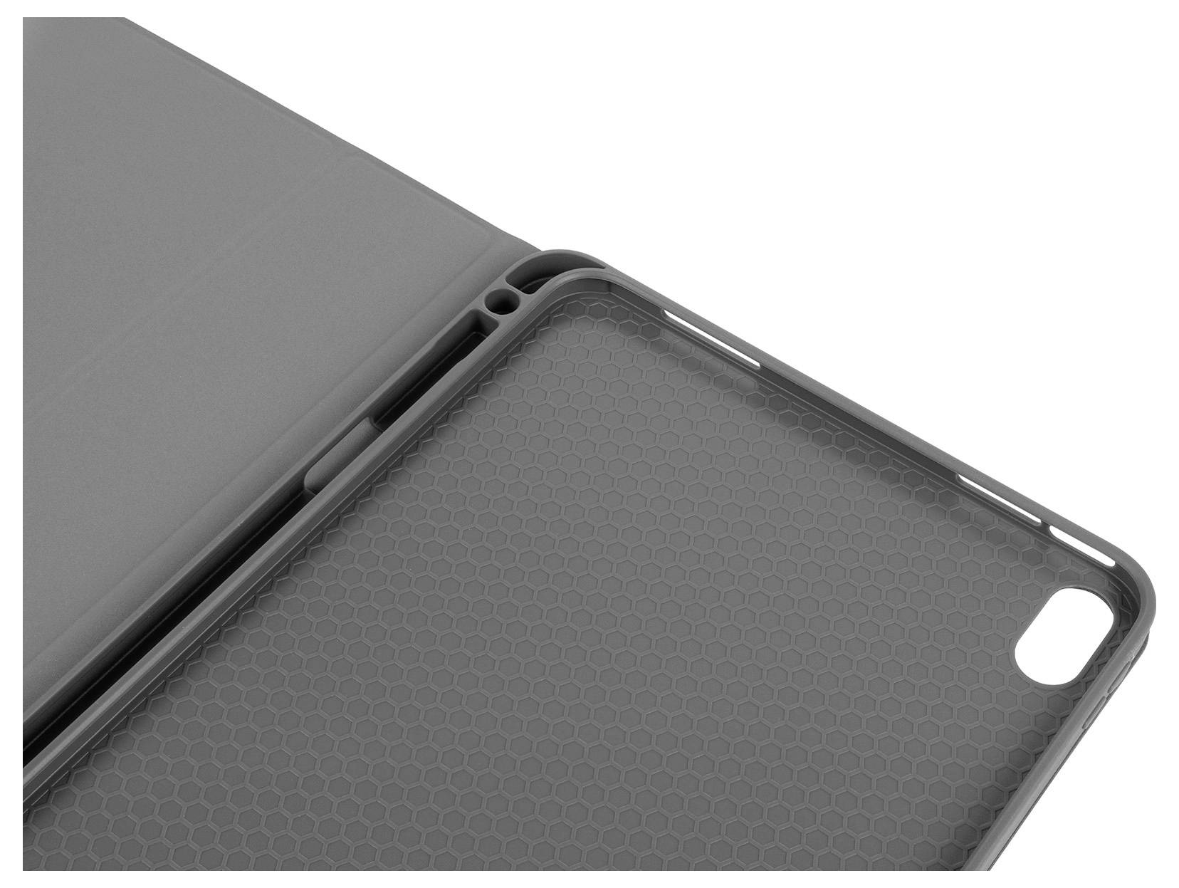 Nahaufnahme des Inneren eines grauen Tablet-Cases mit Wabenstruktur und Kameraausschnitt, die den Schutzrahmen und Eckdetails zeigt.