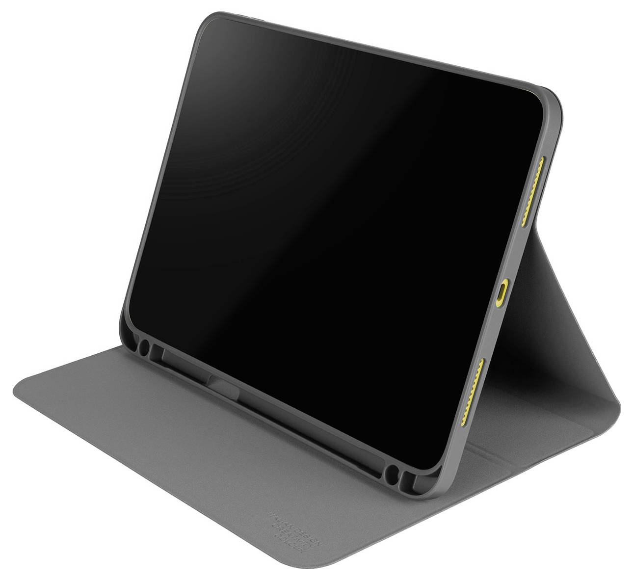 Tablet in einem grauen Folioetui mit integriertem Ständer, geöffnet und im Betrachtungswinkel angewinkelt dargestellt.