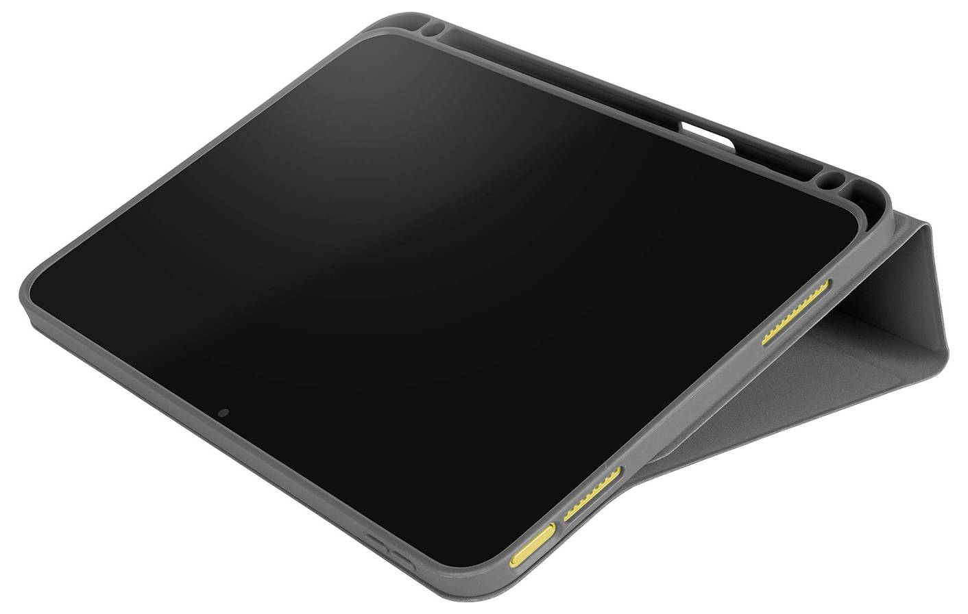 Schwarzes Tablet in einem grauen Schutzetui, schräg im Querformat auf weißem Hintergrund positioniert.
