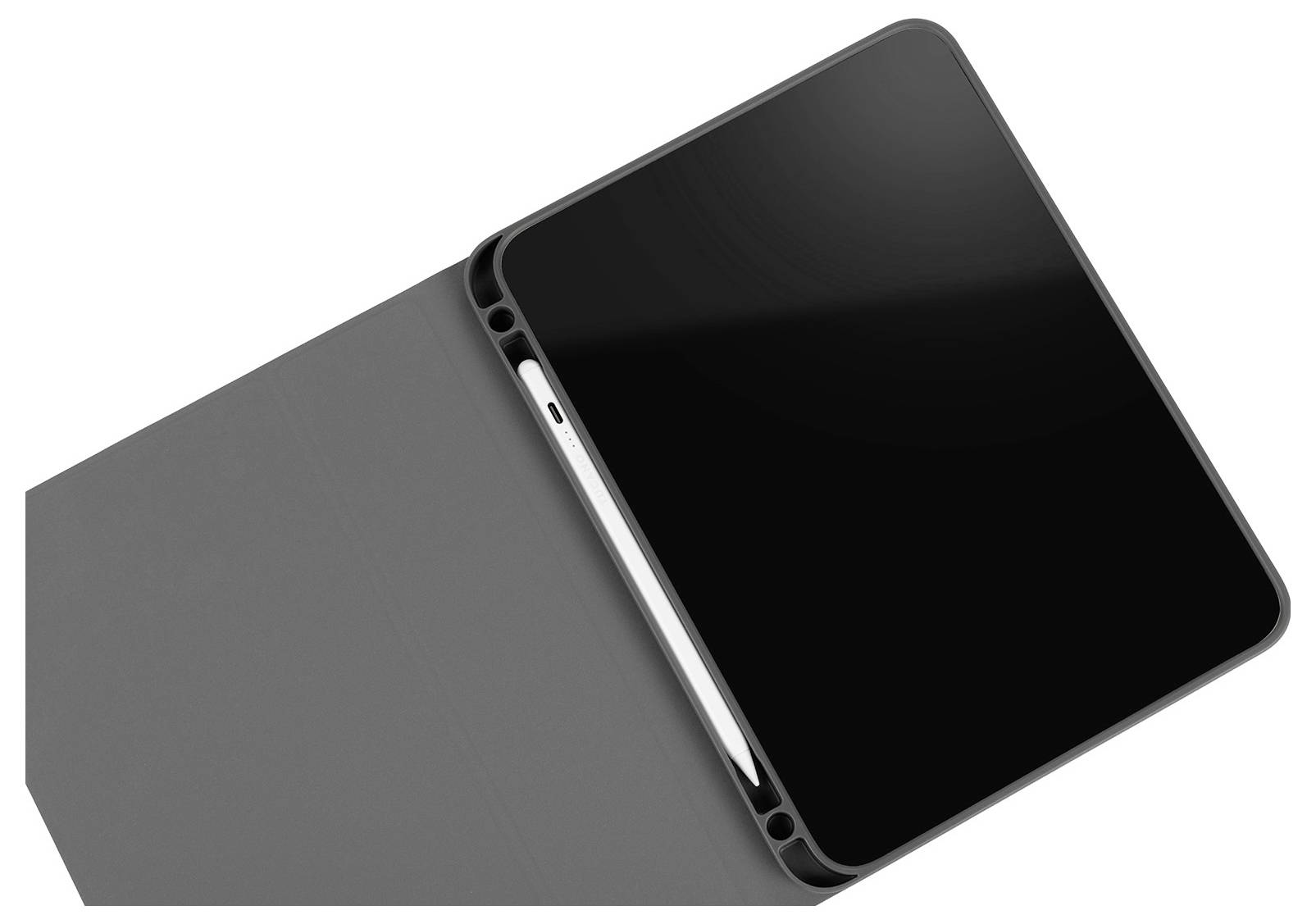 Tablet in einem grauen Folioetui, schräg angezeigt mit einem Stylus, der seitlich verstaut ist.