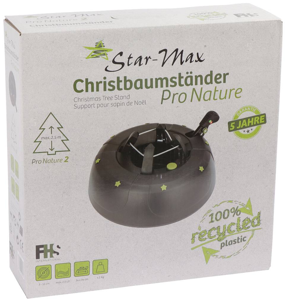 Verpackung eines Christbaumständers 'Pro Nature' von Star-Max, aus 100% recyceltem Kunststoff mit 5 Jahren Garantie.