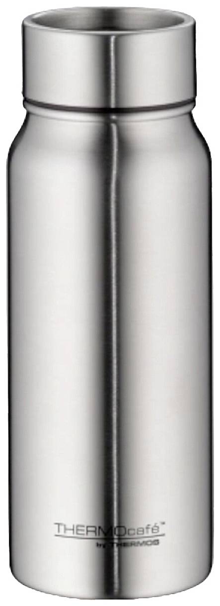 Eine silberne Edelstahl-Thermosflasche in zylindrischer Form mit 'ThermoCafe by THERMOS' Logo unten.
